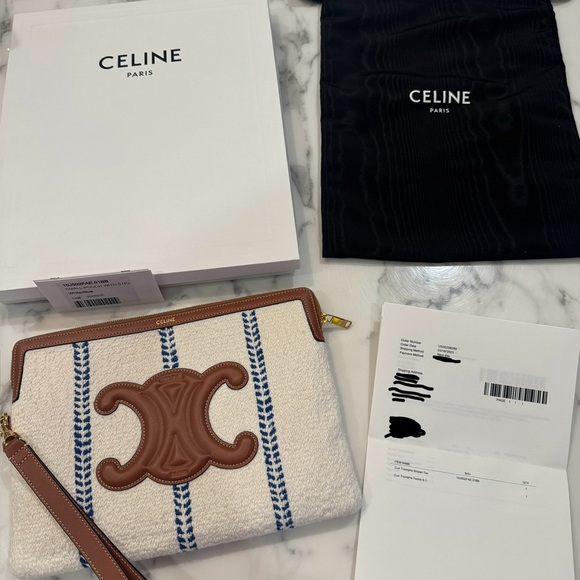 Celine Cuir Triomphe striped texture Brown/blue Pouch clutch made in Italy - Picture 1 of 15